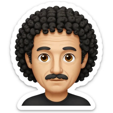 60 year old Greek man with short black curly frizzy hair that sticks up and has a black shirt sticker