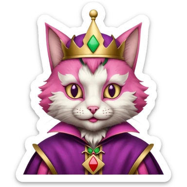 court jester cat medieval, single poker card joker clearly visible, pink, face only enclosed in a medieval badge  sticker