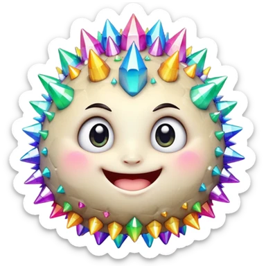 A single spiky crystal rock character, chubby and compact, covered in short chunky crystal spikes and faceted planes, iridescent rainbow colors, cute round face on the front with big glossy eyes and a wide happy smile, sticker