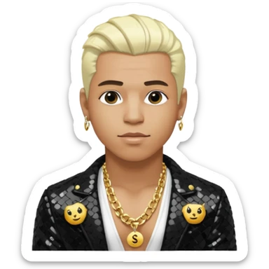 Sisqó with platinum blonde hair, black sequin jacket, shirtless with necklace sticker
