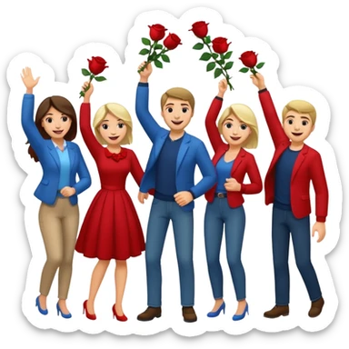 Adult Family, Caucasian men and women casually dressed, throwing roses congratulations  sticker
