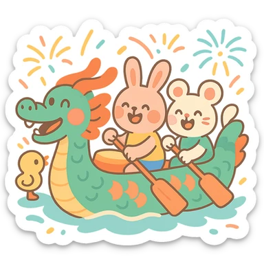 chubby dragon boat with cute animal rowers paddling joyfully, pastel-toon style, festive background sticker