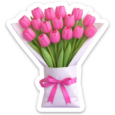 a bouquet of pink tulips in a white paper bag tied with a pink ribbon, 3D iOS emoji style, extra soft pastel colors, very gentle shadows, ultra minimalistic design sticker