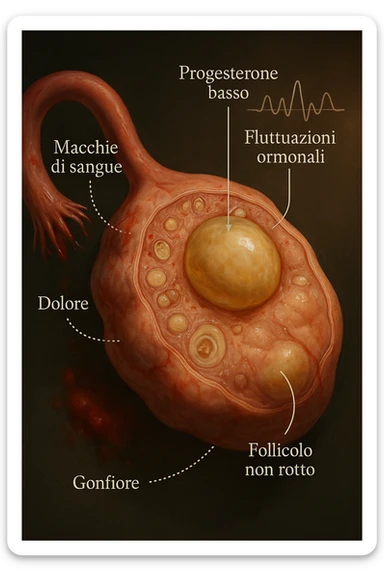 realistic and cinematic illustration of an ovary with an unruptured follicle, low progesterone, hormonal fluctuations, symptoms of spotting, pain and swelling, clinical details, captions in Italian sticker