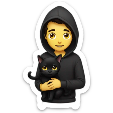 Guy with dark brown hair curtains  hairstyle and brown eyes wears black hoodie hugs a black cat with yellow eyes sticker