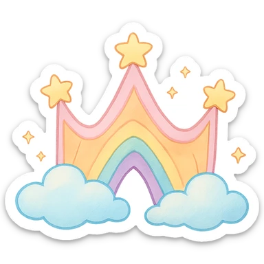 whimsical pastel rainbow crown with clouds and stars, playful and dreamy sticker