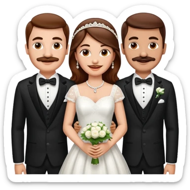 White skin brown hair Bride and 2 grooms. 1 Indian groom and one white groom with a moustache sticker