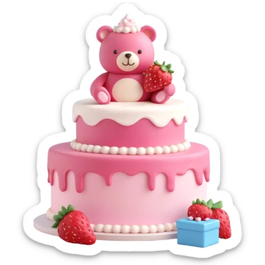 A 3D iOS style illustration of a cake in an open box with a small bear on top, featuring a pink cake with white frosting and a strawberry, set against a light brown background with sparkles. The design should be clean and have a polished look typical of iOS design language. sticker