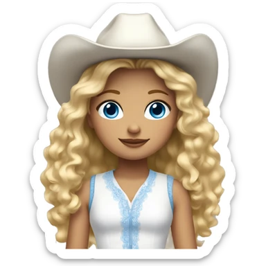 Young girl with curly blonde hair, blue eyes, dressed in white dress and cowboy boots sticker