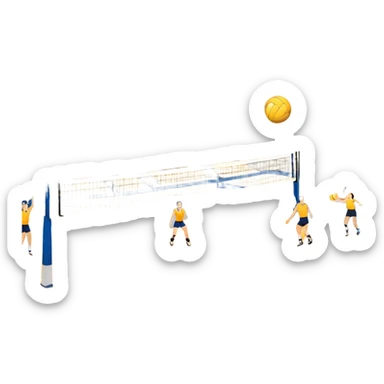 A close-up of a volleyball on the court, with the net in focus and the court markings visible. The background shows the stands filled with spectators, creating an energetic atmosphere of a volleyball match, with attention to detail on the equipment and the surrounding environment. sticker