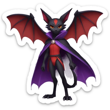  Black Red Purple Anthro Kawaii Edgy Cool Vampiric Demonic Beautiful Noivern-Nargacuga-Litten with big Bat Ears and wearing a cape and collar full body sticker
