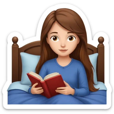 Cozy girl with long brown hair and brown eyes reading in bed sticker