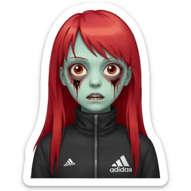 Crie um emoji de uma menina zumbi  com o cabelo vermelho longo com uma franja reta casaco de gola alta da adidas sticker