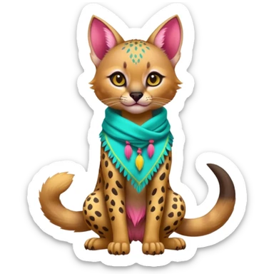Colorful cute adorable tropical exotic fruity kiwi-green lemony rosy-pink blushing pastel neon-red Caracal-Cheetah-Civet-Trico-fusion-hybrid-animal-creature, full body, with tribal tattoos, wearing a yellow-and-cyan scarf sticker