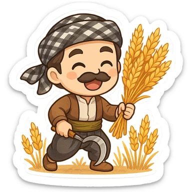 cartoon sticker of a Kurdish man wearing traditional clothes, happily harvesting wheat with a sickle (traditional tool), colorful and cheerful, no text, suitable for WhatsApp and Instagram, transparent background sticker