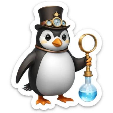 a steampunk engineer penguin analysing a data stream with a magnifying glass on top of an iceberg sticker