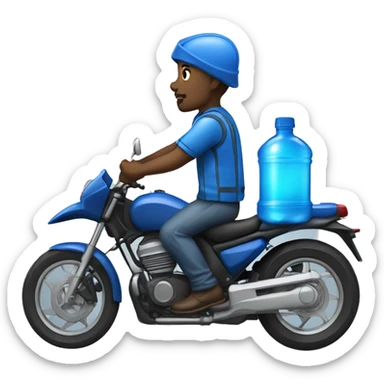 black man in a blue moto delivering blue water bottles in the back of the moto (side view) sticker