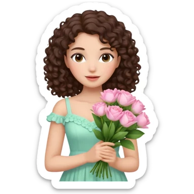 beautiful female memoji, dark brown curly hair, soft natural makeup, wearing pastel dress, holding a bouquet of fresh flowers, romantic and dreamy aura sticker