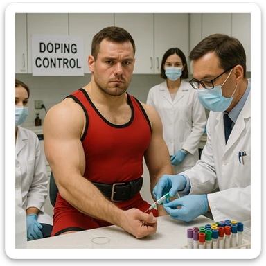 European powerlifter in competition clothing undergoing anti-doping controls, medical staff present, realistic atmosphere, laboratory details, background of test room or laboratory. sticker