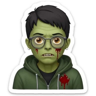 Chico moreno zombie, con gafas y sudadera negra, dos aretes en la oreja izquierda y dos en la derecha, ojeras en los ojos y sticker