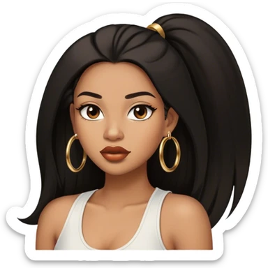 light brown skin tone, very beautiful woman, with big plump lips, long long lashes, black straight long hair, brown eyes, white tank top, gold hoop earrings sticker