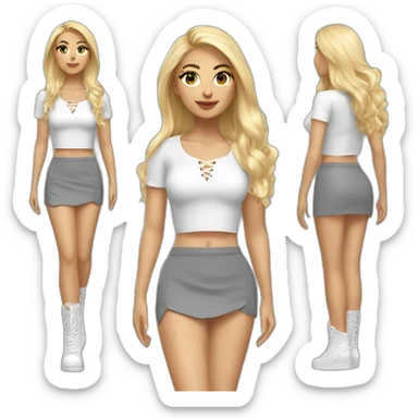 white long straight blonde woman realistic white lace up crop top and grey mini skirt body sticker
