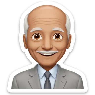 70 yr old indian man, almost bald, some white hair, light grey business suit, big smile, dark brown skin, no moustache
 sticker