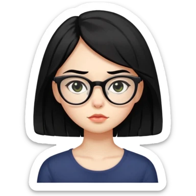 crie emojis de uma garota com cabelo médio um pouco abaixo do ombro e preto, óculos pretos no formato gatinho, boca média, olhos gastando sticker