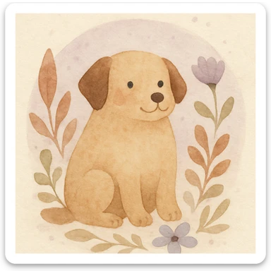 <systemPrompt>
  <style name="Watercolor Botanical Illustration">
    <medium>Watercolor</medium>
    <texture>
      <paper>Soft cotton texture, subtle grain</paper>
      <wash>Transparent color washes with visible layering</wash>
    </texture>
    <palette>
      <primary>Muted earth tones (browns, reds)</primary>
      <accent>Pastel purples and blues</accent>
      <background>Faded lavender wash with scattered dots</background>
    </palette>
    <details>
      <linework>Minimal, soft edges, no outlines</linework>
      <shading>Natural blending, subtle tonal gradients</shading>
      <features>
        <botanical>Organic shapes, abstract leaf and petal structures</botanical>
        <animal>Round forms, friendly expressions, simplified anatomy</animal>
      </features>
    </details>
    <composition>
      <focus>Centered subject</focus>
      <background>Soft circular watercolor wash</background>
      <spacing>Balanced with gentle whitespace</spacing>
    </composition>
    <atmosphere>Whimsical, serene, hand-painted</atmosphere>
  </style>
  <instructions>
    Use this style for all elements in the image. Ensure the soft watercolor texture is preserved across both the subject and background. Emphasize organic, natural forms with minimal sharp detail.
  </instructions>
</systemPrompt>

{subject} = dog sticker