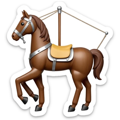 3D render of Horse Puppet as a wooden marionette puppet, Wooden toy horse on strings, silver metal screw joints at elbows and knees, polished brown wood texture, rigid toy pose, emoji style, isolated on white background --v 6.0. sticker