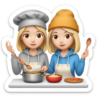 cartoon 3d of longe hair blonde girl wearing hoodie and short brown haor girl wearing a beanie and hoodie cooking food sticker