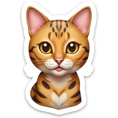 Cinematic Cute Bengal Cat Portrait Emoji, Head tilted playfully and inquisitively, sleek spotted brown and gold tones, Simplified yet adorable features, highly detailed, glowing with a warm, friendly glow, high shine, curious and affectionate, stylized with a touch of whimsy, bright and alert, soft glowing outline, capturing the essence of a mischievous yet loving kitten, so endearing it feels like it could pounce out of the screen and play! sticker