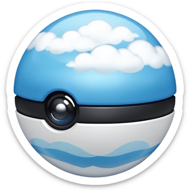 blue pokeball emoji, top half is a more saturated blue, bottom half is white, black stripe, with a white sheen, with a pearlescent finish, with a cloud effect sticker
