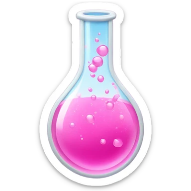 A chemical flask with pink liquid inside and bubbles sticker