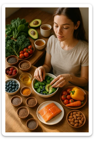 A realistic, cinematic flat-lay image of a clean wooden kitchen table filled with fresh, colorful whole foods known to help reduce androgen excess naturally. The table includes leafy greens like spinach and kale, avocados, berries, colorful vegetables, nuts, seeds (chia and flaxseeds), wild-caught salmon, and herbal teas, carefully arranged in an aesthetically pleasing, organized manner. A small glass bowl with olive oil and another with turmeric powder are included, emphasizing anti-inflammatory properties. In the scene, a young woman with clear, healthy skin and a calm expression is preparing a bowl with these ingredients, symbolizing a hormone-balancing diet. Warm, natural daylight streams in, creating a cozy and inviting atmosphere. The style is hyper-realistic 35mm photography, with vibrant yet soft colors, showcasing textures of the fresh produce and the peaceful vibe of using nutrition to support hormonal balance sticker