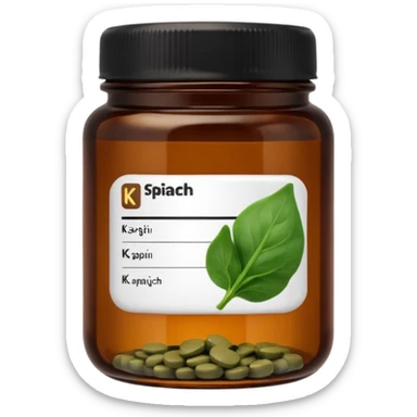 brown glass jar of supplements with white label, black thin title K2 and small spinach emoji sticker