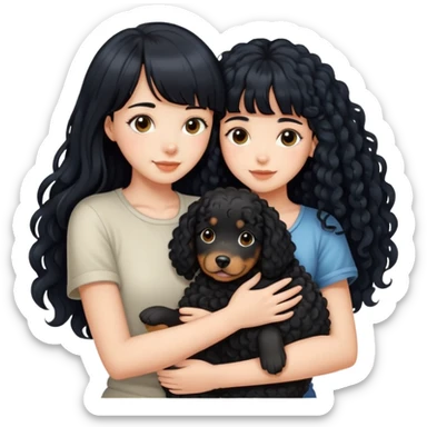 A beautiful girl with long black hair and bangs hugs a curly-haired dog sticker