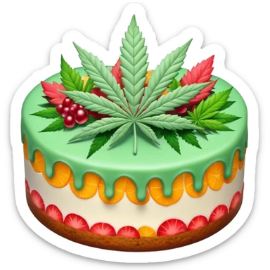 colorful frosted fruit cake with cannabis leaf sticker