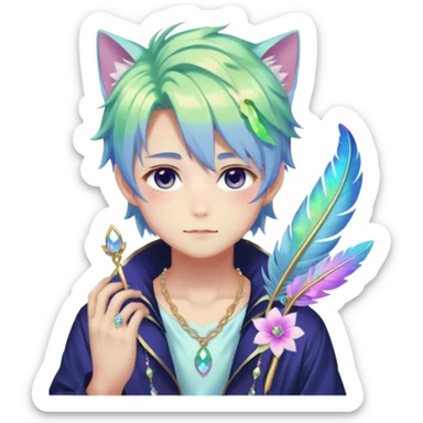 Beautiful gorgeous anime catboy with beautiful iridescent-special-hair, fashion aesthetic, ethereal, fairycore, pastelcore, feather, flower, gems, accessories, jewelries, gold, colorful sticker