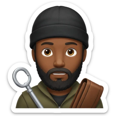 A dark-skinned man with a black beanie, and a full beard, giving him a thief-like appearance. sticker