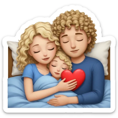 cuddling in bed, asleep. wavy haired blonde girl. curly haired brunette man. eyes closed. heart between them. no headboard sticker