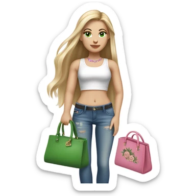 Realistic White girl with Long straight blonde hair, green eyes, tattoos, full body wearing white crop top and jeans, holding pink handbag sticker