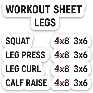 scheda di allenamento gambe con volume di allenamento ridotto (fai alcuni esercizi con 4x8 scritti in precedenza sbarrati in rosso e la correzione accanto tipo 3x6), scrivila al meglio che puoi sticker