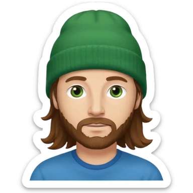 white man
aged 40
Blue eyes, 
mid length brown wavy hair
Green beanie hat sticker