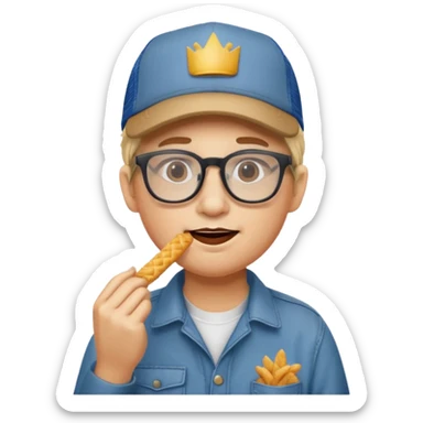 num num eatting hashbrown sticks with a trucking cap and glasses sticker