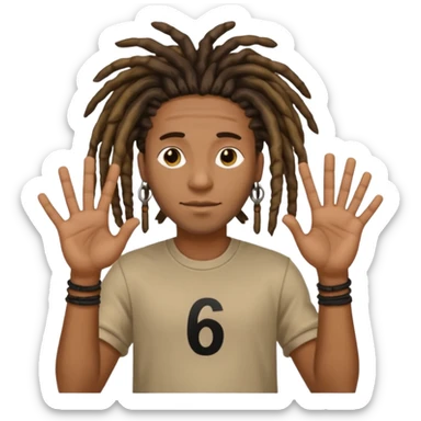 A Black man with dreads holding up physical numbers 6 in his right hand and 7 in his left hand  sticker