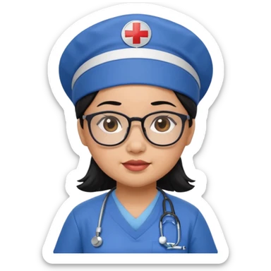 FILIPINA FEMALE NURSE, CHUBBY, BLACK HAIR, WITH GLASSES, BLUE SCRUBS, AND CAP sticker