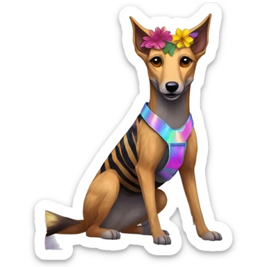  brindle brown black maroon striped lurcher Alsatian fox running blue eyes and iridescent holographic oilslick harness wearing paper iridescent tropical flower crown yellow caution tape sticker