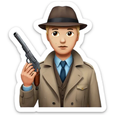 Icon for Detective Movie: A vintage movie poster-style design with a close-up of a detective holding a gun on a dark London street. The scene features a full moon, bloodstains on the pavement, and a mysterious atmosphere, evoking a classic noir detective thriller. Transparent background. sticker