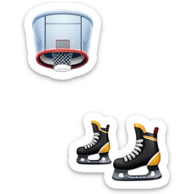 An icon showing a hockey stick, puck, skates, and goalposts on the ice. The background features a large hockey stadium with cheering fans, bright lights, and a snowy landscape visible through the arena. sticker